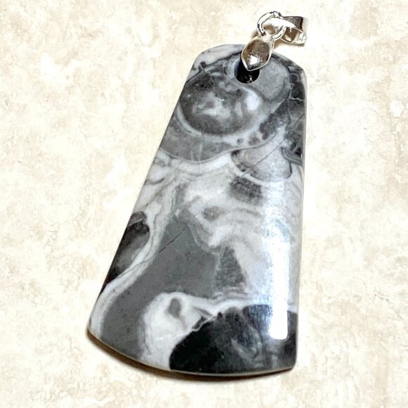 Natural Black & White Agate Pendant, Large Genuine Gemstone Pendant - Picture 1 of 10